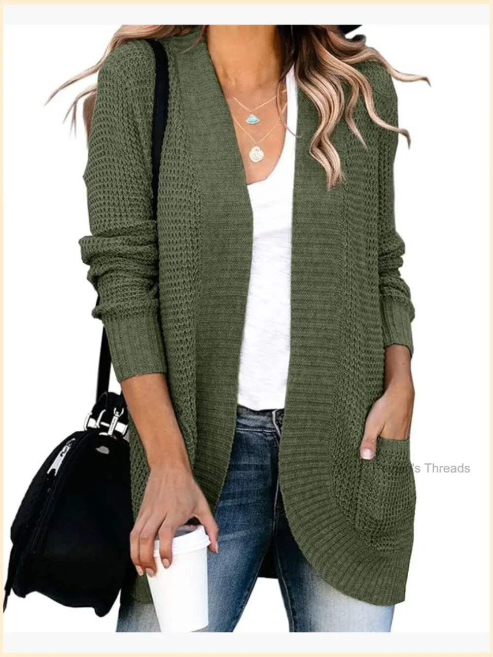 Lightweight Acrylic Nylon Waffle Knit Cardigan with Pockets